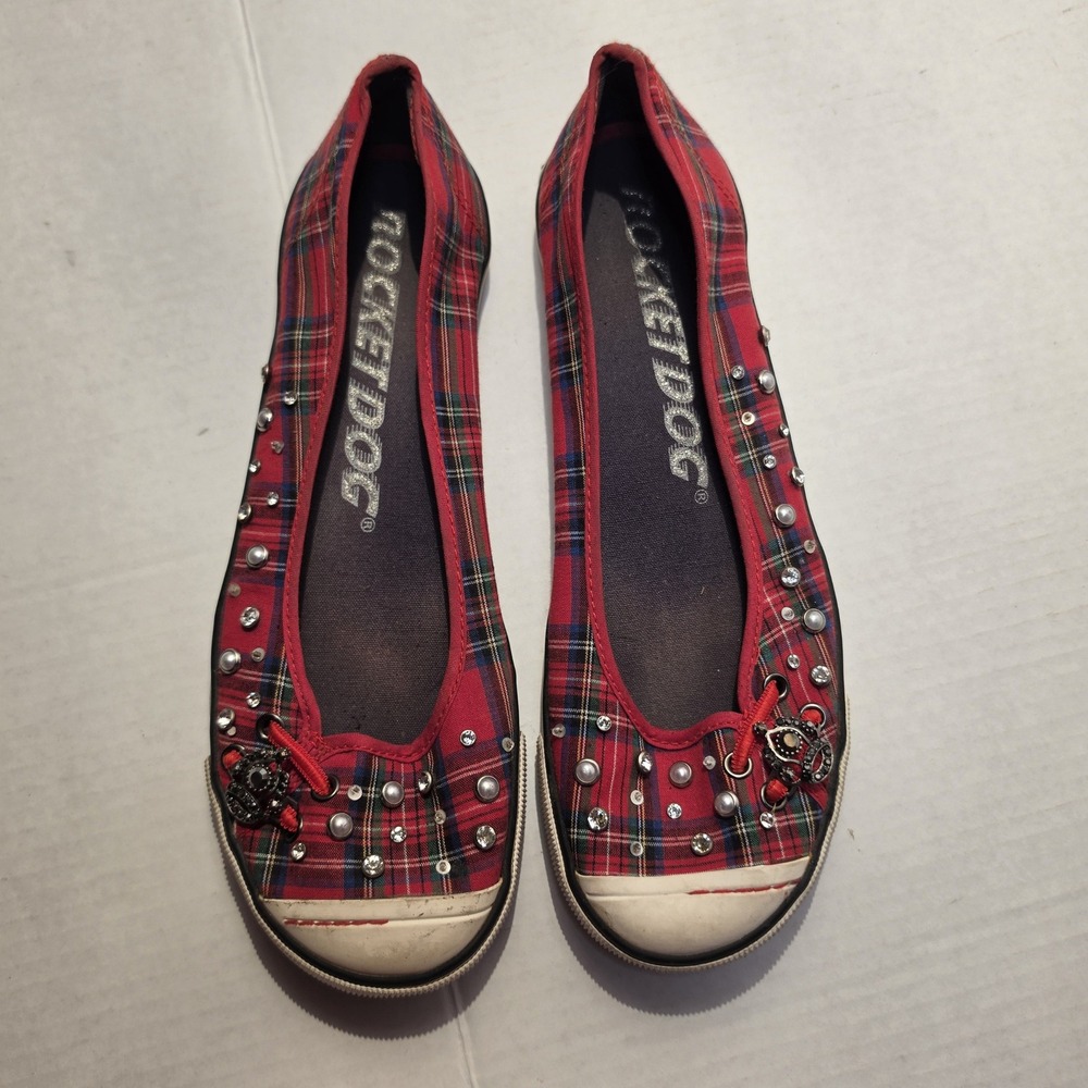 Rocket Dog Red Plaid Ballet Flats Rhinestone Pearl Crown Charm Shoes Womens 10